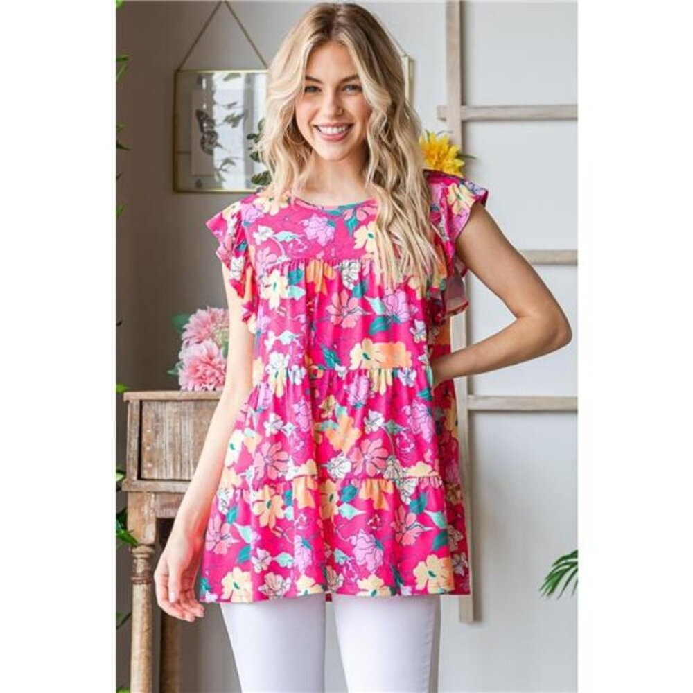 Heimish Full Size Floral Ruffle Sleeve‎ Tiered Blouse